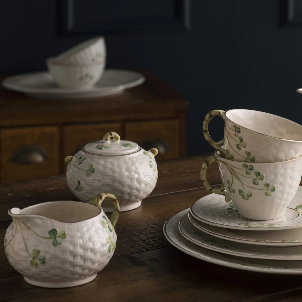 Belleek Classic 1880 - Gold Shamrock Teapot Sugar and Cream Set - Image 2