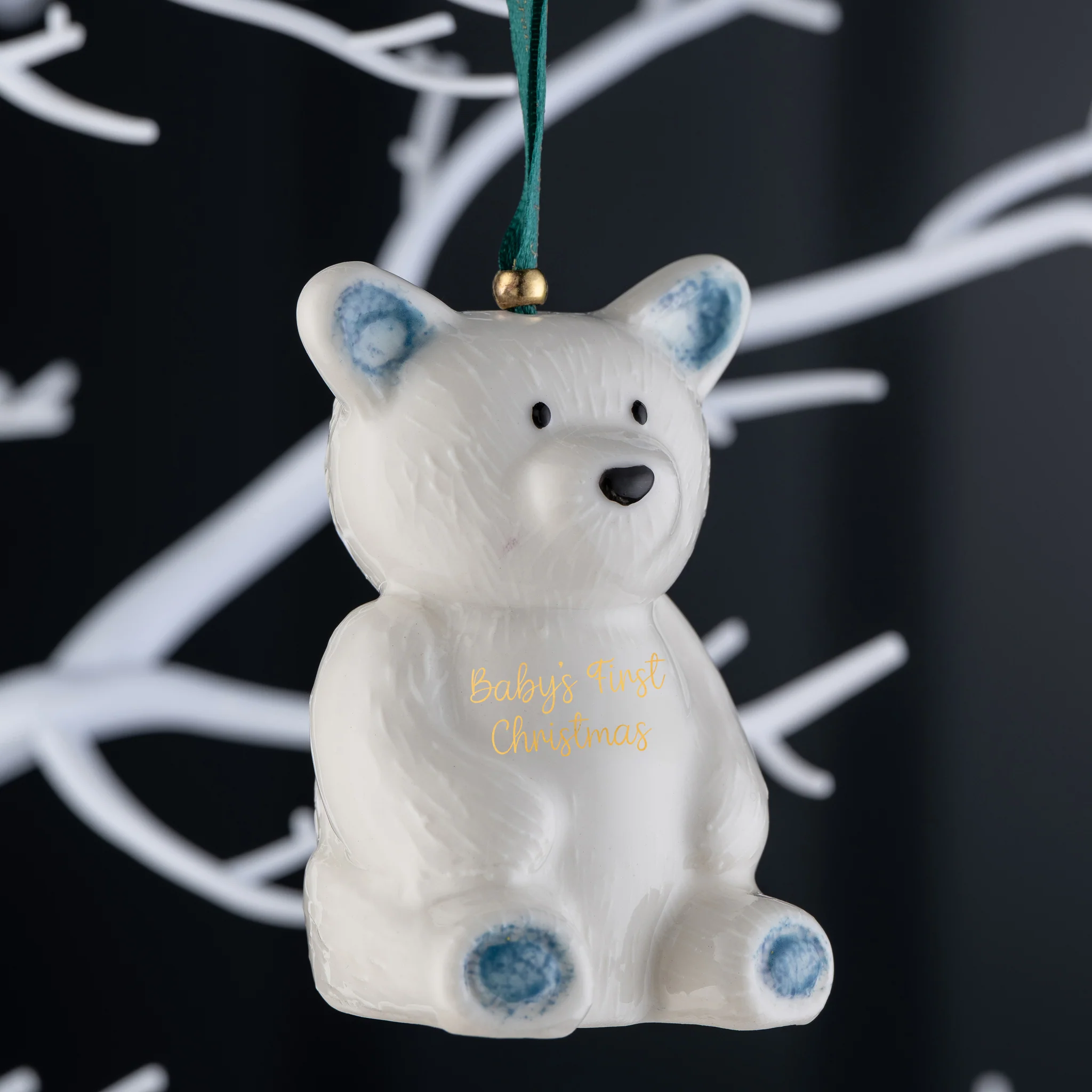 Belleek Classic Teddy Bear Baby's First Christmas Ornament Blue - Image 3